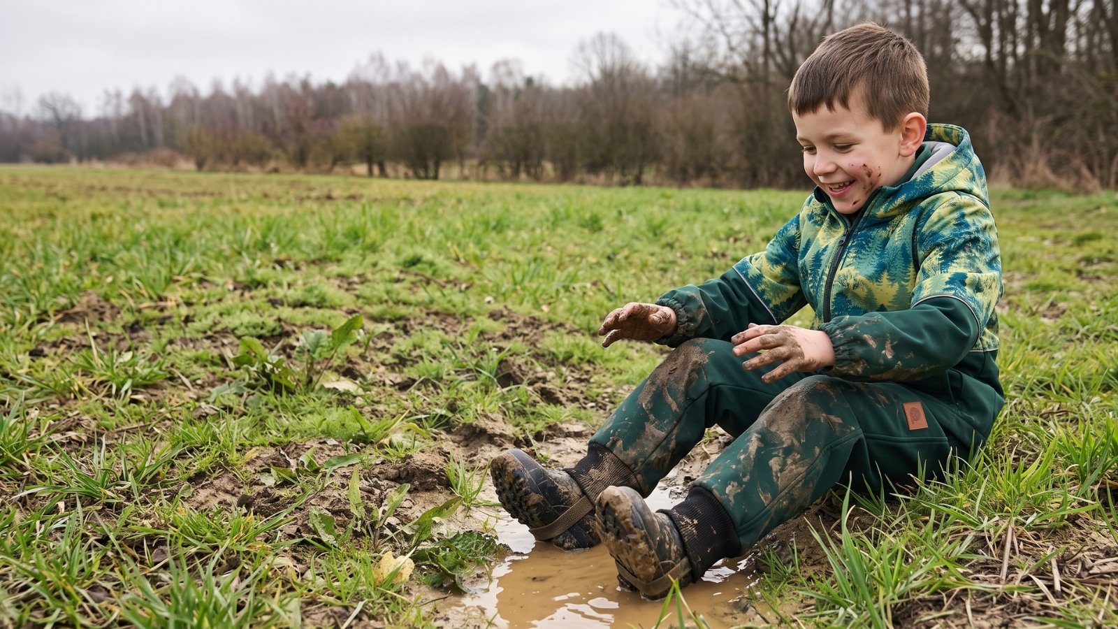 Chłopiec w zabrudzonych błotem ubraniach softshell po zabawie na dworze