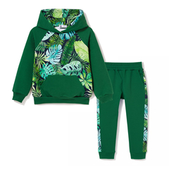 Dres bawełniany z bluzą z kapturem i spodniami z lampasami Zielona monstera