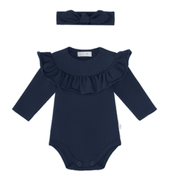 Zestaw body z falbanką i opaska z supełkiem, granatowy