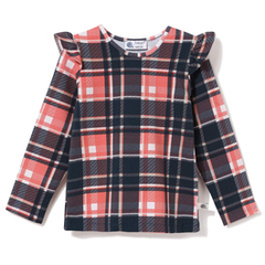 Bluzka bawełniana z falbanką, granatowa w różową kratę