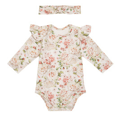 Zestaw body z falbanką, długi rękaw i opaska z supełkiem, Rose