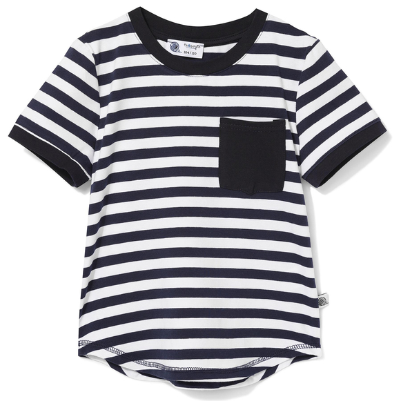 T-shirt w biało-granatowe paski z granatową kieszonką