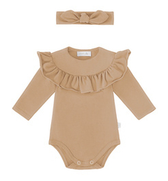 Zestaw body z falbanką i opaska z supełkiem, beżowy