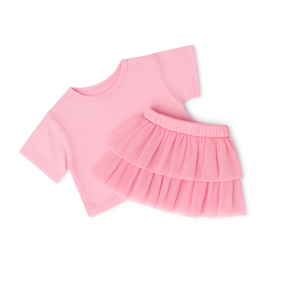 Komplet krótki t-shirt i spódnica pudrowy róż