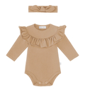 Zestaw body z falbanką i opaska z supełkiem, beżowy