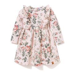 Sukienka bawełniana z falbanką Róże na beżu