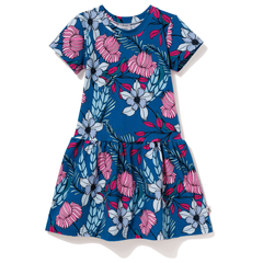 Bawełniana sukienka z krótkim rękawem Orientalne kwiaty na granacie