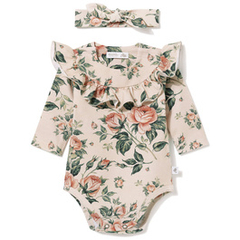 Zestaw body z falbanką i opaska z supełkiem, róże na beżu
