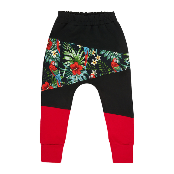 Spodnie baggy Hibiskus i papugi
