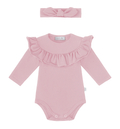Zestaw body z falbanką i opaska z supełkiem, brudny róż 