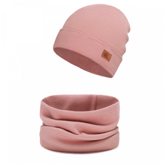 Komplet czapka i komin prążkowany wywijany, brudny róż