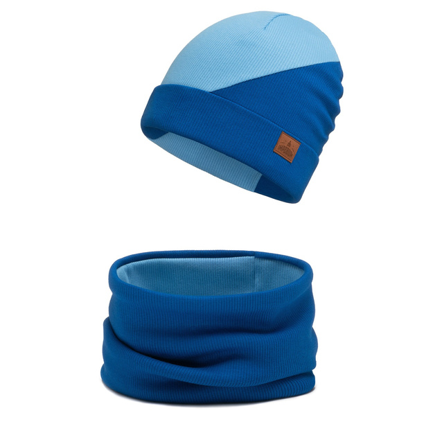 Komplet dwuwarstwowy czapka i komin prążek Twix niebiesko-chabrowy
