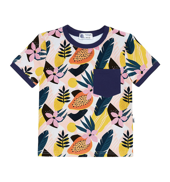 T-shirt z granatową kieszonką Kolorowe kwiaty 